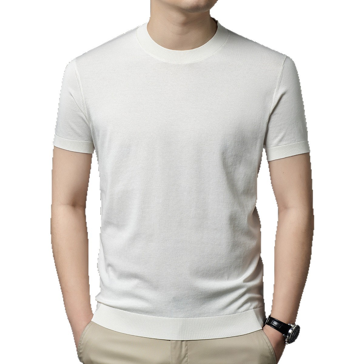 Men's Short-sleeved T-shirt Round Neck Thin Solid Color Knit T-shirt