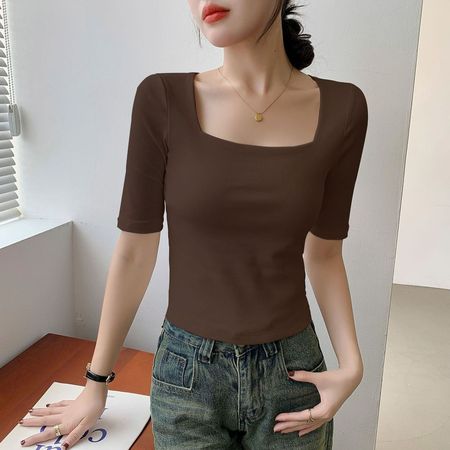 Women's Square Neck Mid Sleeve T-shirt Slim Short Top