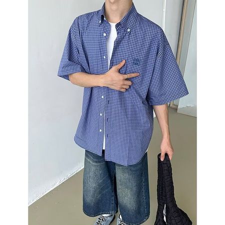 Men's Blue Plaid Shirt Short-Sleeved Summer Top